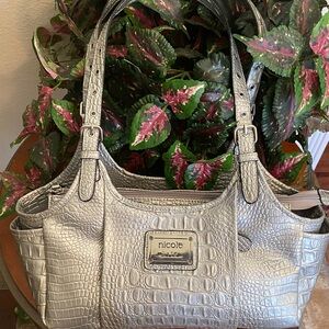 Nicole Miller Silver Croc-Embossed Shoulder Bag